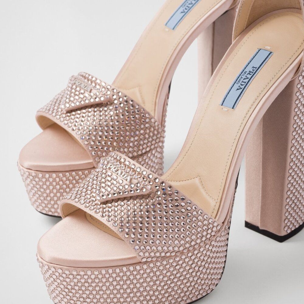 Prada Pink Embellished Platform Heels Logo Satin Crystal Sandals Open Toe